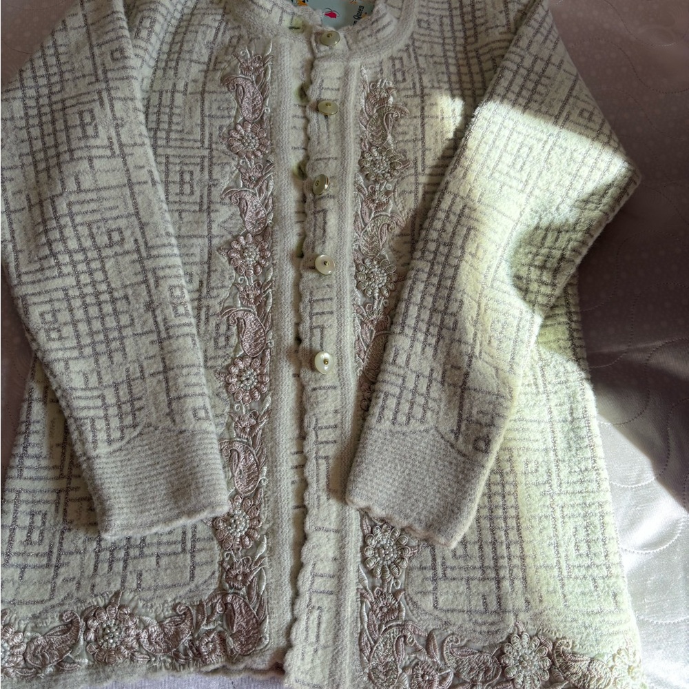 It’s women fancy sweater. It’s pista color